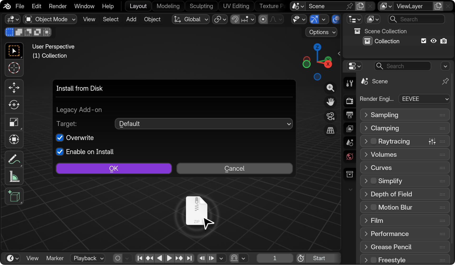 Drag zip onto Blender to install